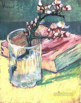Vincent Van Gogh Painting - Rama de almendro floreciente en un vaso con un libro Vincent van Gogh